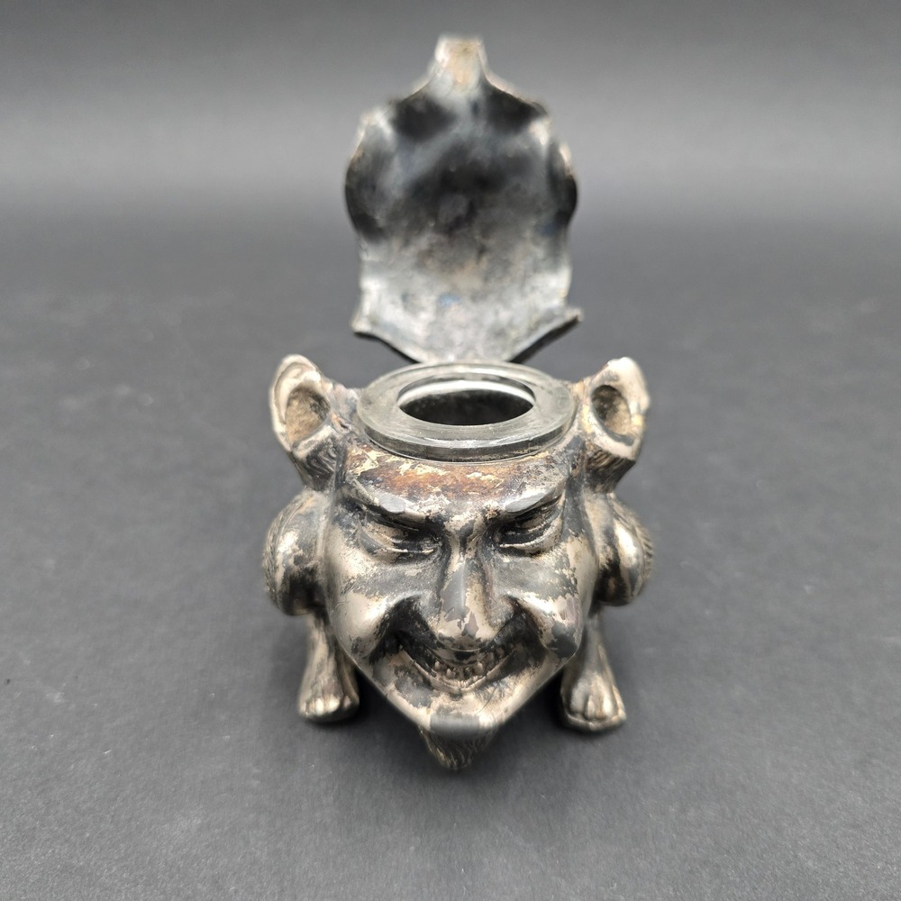 Vintage Gothic Devil Troll Figural Inkwell Silver Tone Metal with Glass Insert